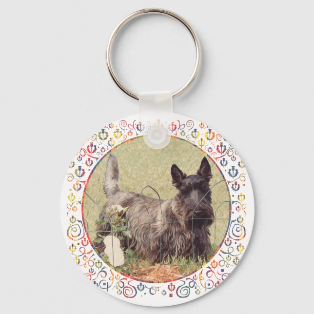 Brindle Scottish Terrier with Roses Key Ring (Front)