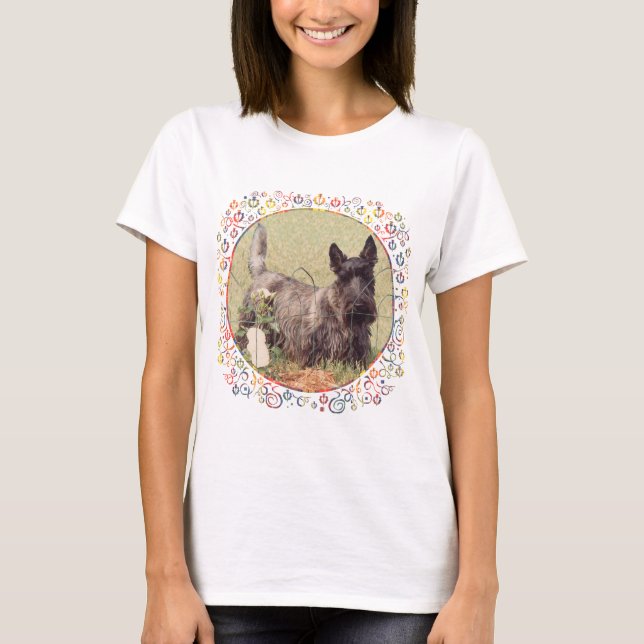 Brindle Scottish Terrier with Roses T-Shirt (Front)