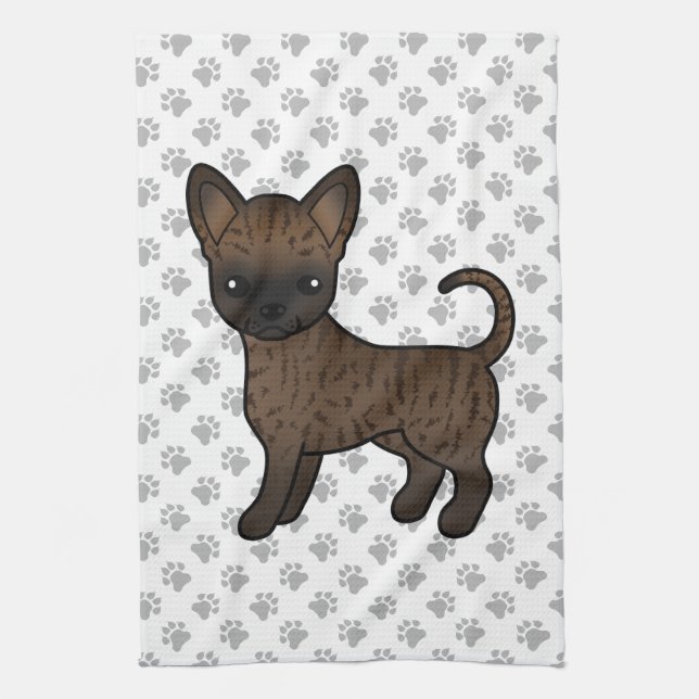 Brindle Smooth Coat Chihuahua Cartoon Dog & Paws Tea Towel (Vertical)