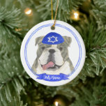 Brindle & White English Bulldog Hanukkah Ceramic Tree Decoration<br><div class="desc">Celebrate your favourite mensch on a bench with a personalised ornament! This design features a sweet illustration of a brindle and white english bulldog dog with a blue and white yarmulke. For the most thoughtful gifts, pair it with another item from my collection! To see more work and learn about...</div>