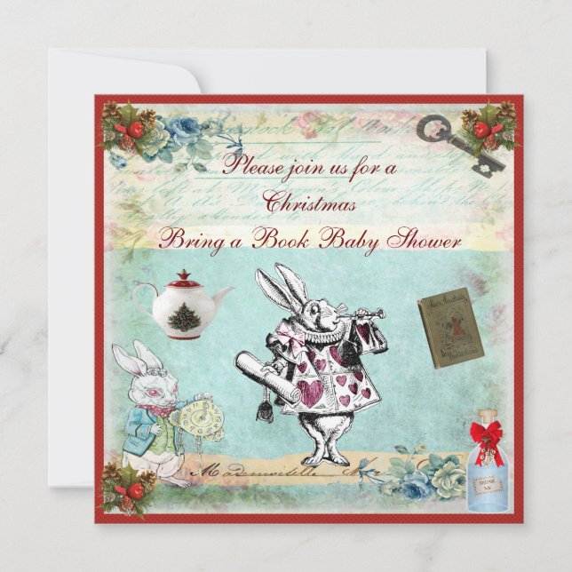 Bring a Book Alice in Wonderland Xmas Baby Shower Invitation (Front)