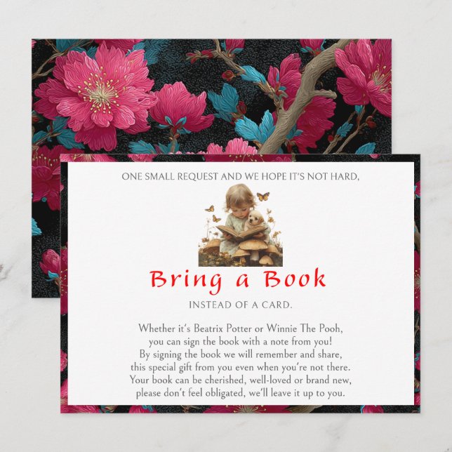 Bring a Book Baby Girl Puppy Red Flowers   Enclosure Card (Front/Back)