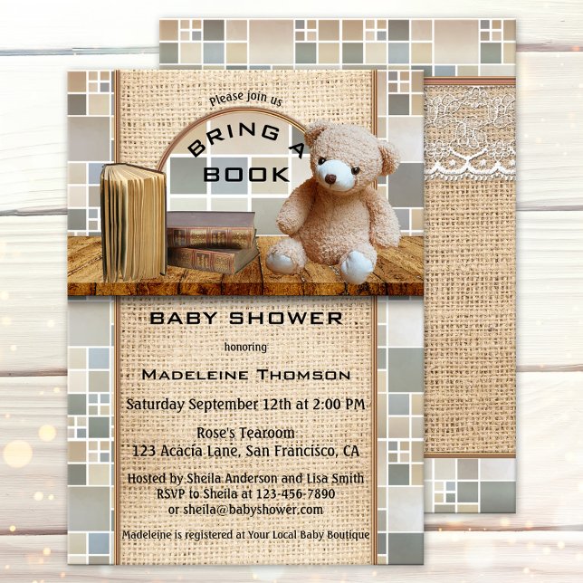 Bring a Book Baby Shower Invitation (Cute baby shower invitation featuring a shelf with books and teddy bear on burlap and tiles)