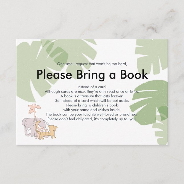 Bring a Book Cute Safari Animals Insert Card (Front)