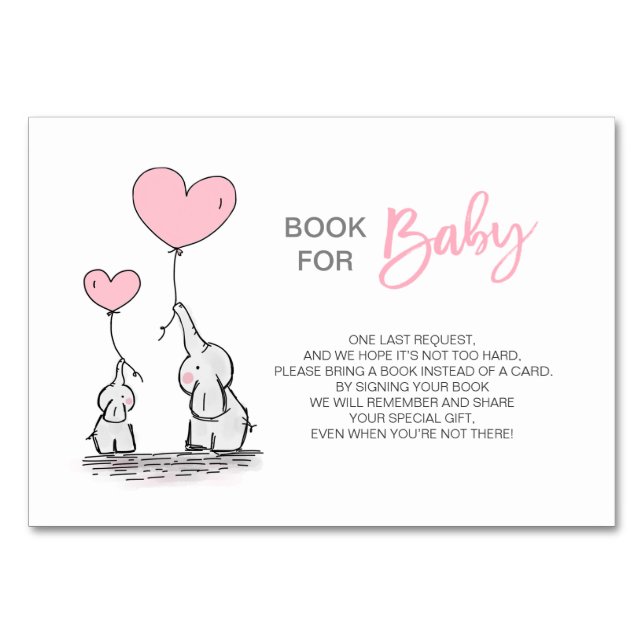 Bring a Book - Elephant Pink Girl Baby Shower Table Number (Front)