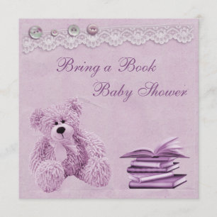 Bring a Book Lilac Teddy Vintage Lace Baby Shower Invitation