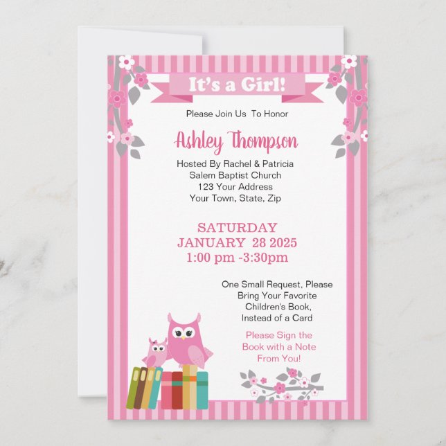 Bring a Book Pink Owls Floral Baby Shower Invitation (Front)
