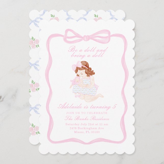 Bring a Doll Birthday Preppy Grandmillennial Invitation (Front/Back)