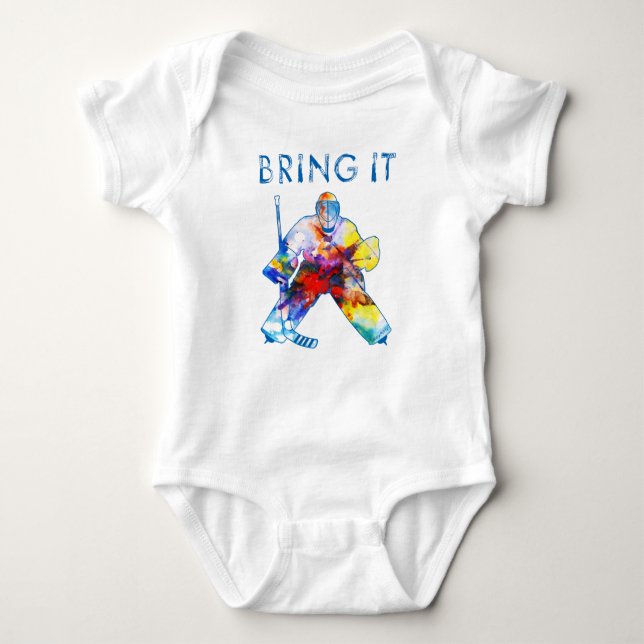 Bring It Hockey Goalie Watercolor Baby Bodysuit (Front)