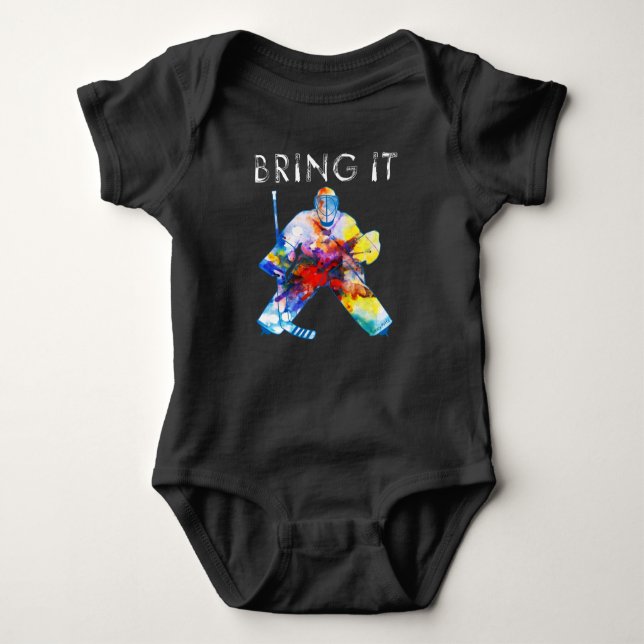 Bring It Hockey Goalie Watercolor Dark Baby Bodysuit (Front)