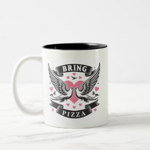 Bring Pizza Valentine's funny Hearts and doves Two-Tone Coffee Mug