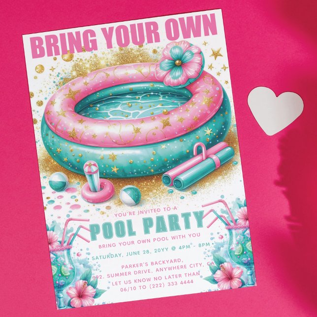 Bring Your Own Pool Party Pink Turquoise glitter Invitation (Creator Uploaded)