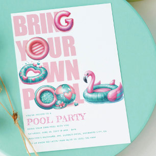Bring Your Own Pool Party Pink Turquoise Invitation