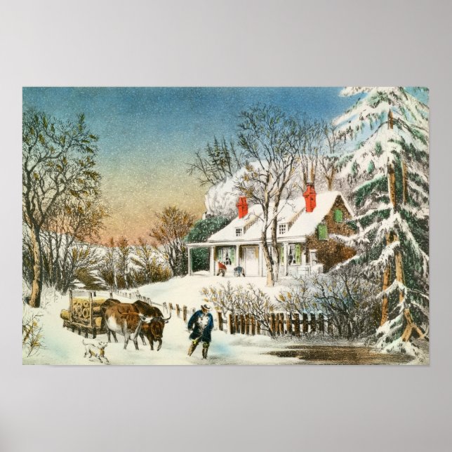 Bringing Home the Logs, Winter Landscape Poster (Front)