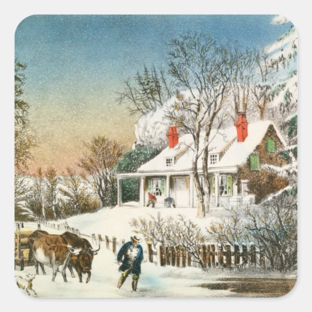 Bringing Home the Logs, Winter Landscape Square Sticker (Front)