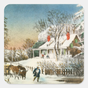 Bringing Home the Logs, Winter Landscape Square Sticker