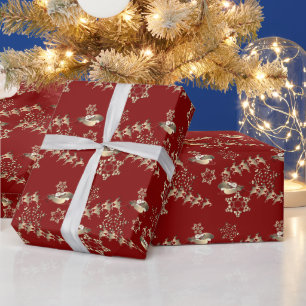 Brinze Reindeer & Santa Snowflakes on Red Wrapping Paper