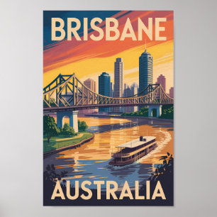Brisbane Australia Illustration Travel Art Vintage Poster
