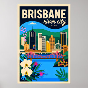 Brisbane Australia Retro Travel Poster Art