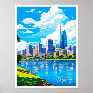 Brisbane Australia Travel Vintage Illustration Poster