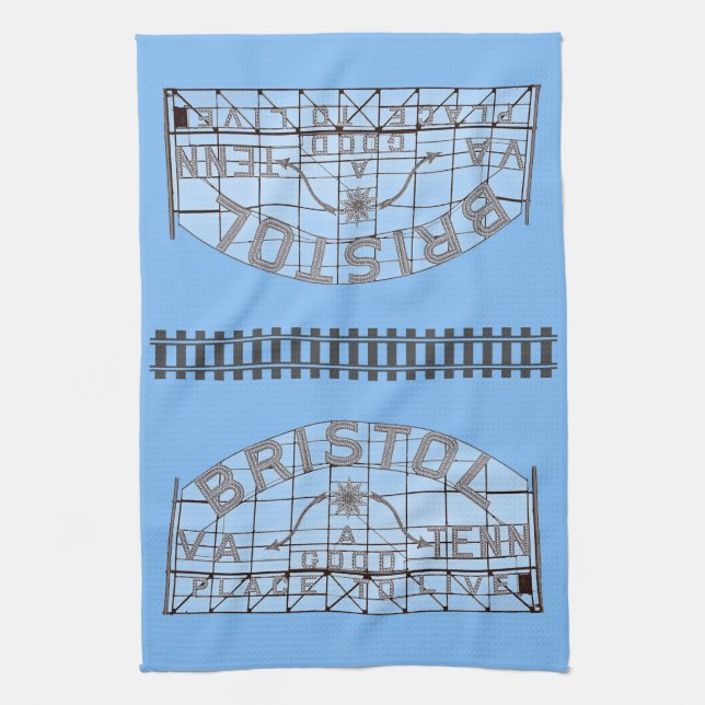Bristol Slogan Sign with Tracks on Blue Tea Towel (Vertical)