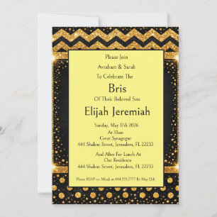 Brit Milah, Gold Black Polka Dots Stripes Glitter Invitation