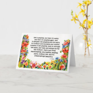 brite watercolor flowers & "life is amazing" quote card