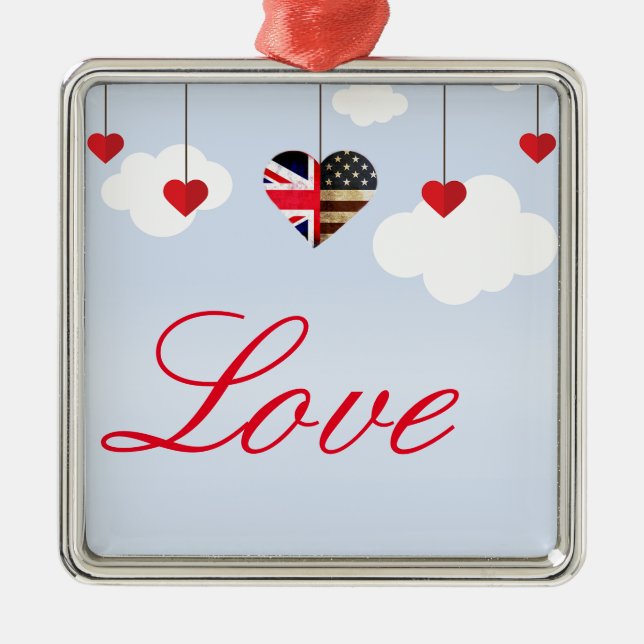 British American Love Hearts in clouds Metal Tree Decoration (Front)