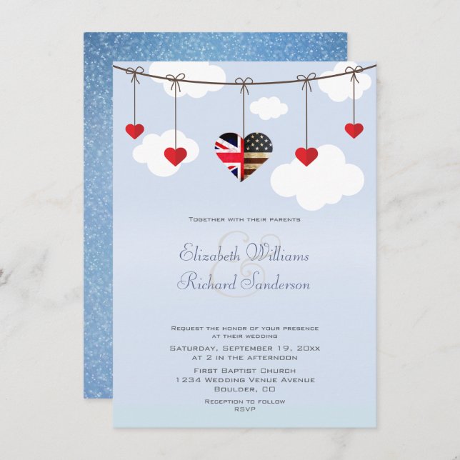 British American Romantic Hearts Wedding Invitation (Front/Back)