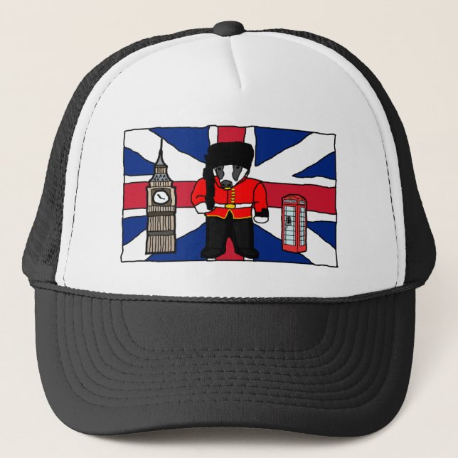 British Badger Cartoon with Big Ben and Flag Trucker Hat (Front)