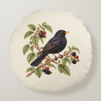 British Blackbird on Blackberry Branch Botanical Round Cushion
