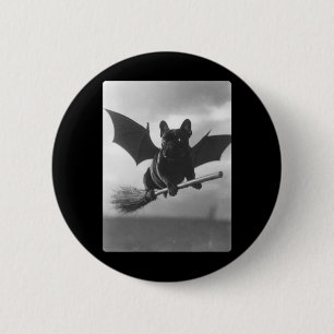 British Bulldog Witch Broom Bat Wings Spooky 6 Cm Round Badge