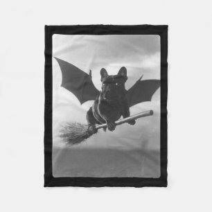 British Bulldog Witch Broom Bat Wings Spooky Fleece Blanket
