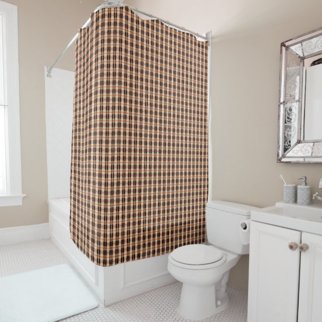 British camel, black and tan tartan shower curtain (In Situ)