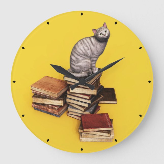 British Cat on a stack of books Large Clock (Front)