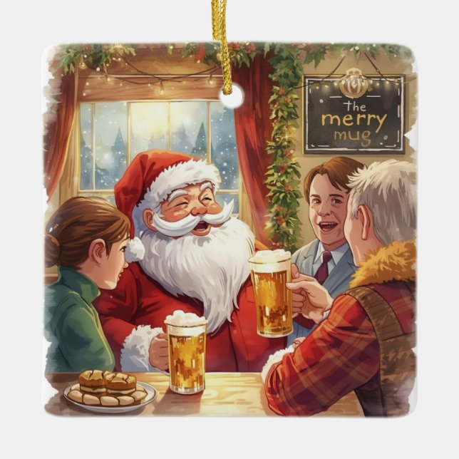 British Christmas Party Santa in the pub Ceramic Ornament (Front)