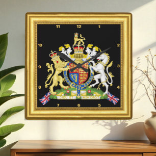 British Clock, Gold Frame, UK Emblem, Vintage Square Wall Clock
