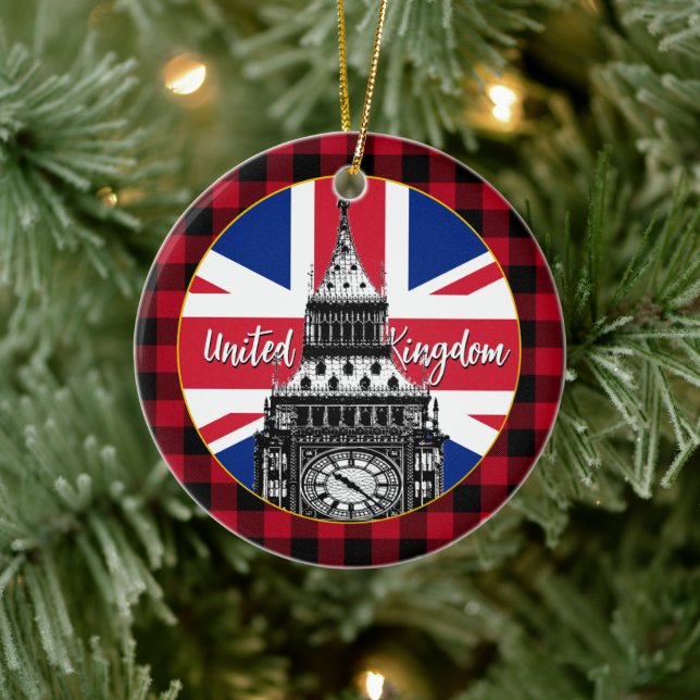British Flag, Big Ben, buffalo plaid, Union Jack Ceramic Tree Decoration (Tree)