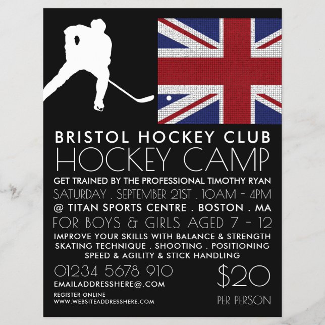 British Flag, Hockey Player, Camp Advertising Flyer (Front)