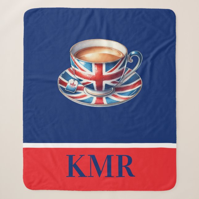 British Flag Teacup Monogram Sherpa Blanket (Front)