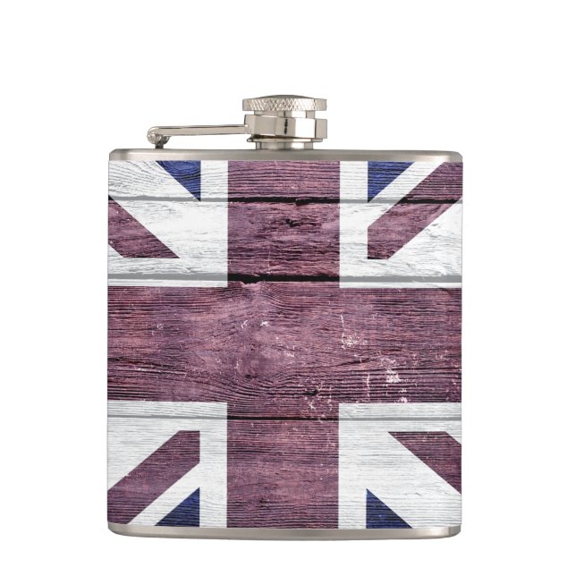 British Flag Vintage Wood Hip Flask (Front)