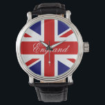 British flag wrist watch<br><div class="desc">British flag wrist watch | Union Jack clock print. Personalizable with your own custom text or name. Cheapest gift idea for Britain's national and royal events. English flag colours; red white and blue.</div>