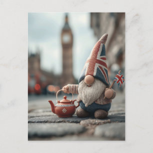 British Gnome with Union Jack Hat and Teapot  Holiday Postcard