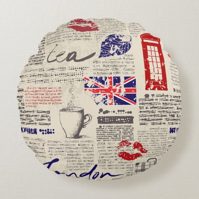 British newspaper pattern round cushion (Front)