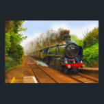 British Railway Steam Train Art IV Poster<br><div class="desc">A powerful locomotive rolls into a scenic country station,  billowing smoke and steam as it thunders past the rural platform with no passengers to set down or pick up.</div>