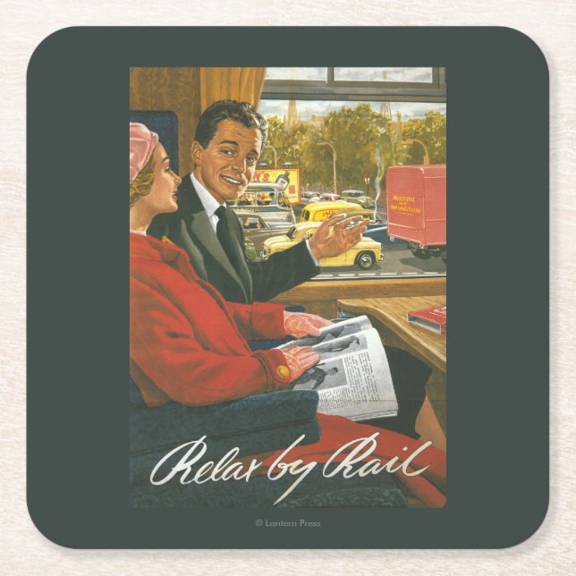 British Railways Relax by Rail Poster Square Paper Coaster (Front)