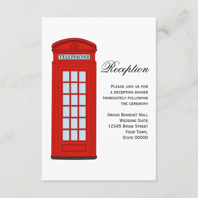 British Red Telephone Box Wedding Reception Card (Front)