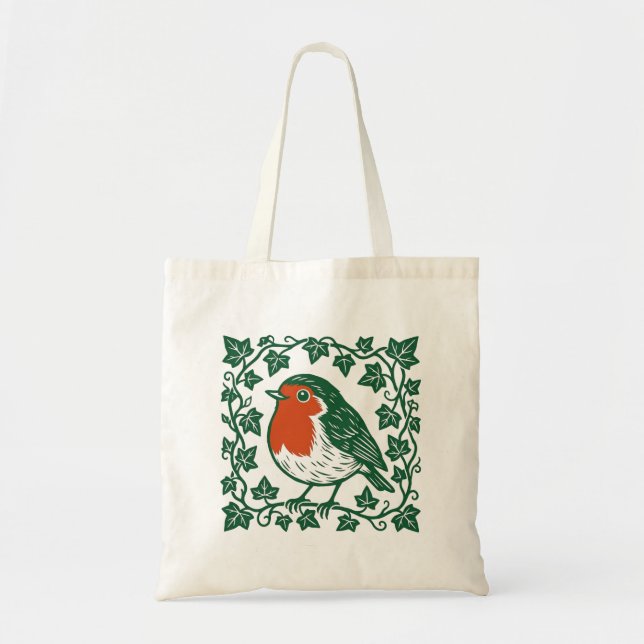 British Robin Linocut Ivy Design Tote Bag (Front)