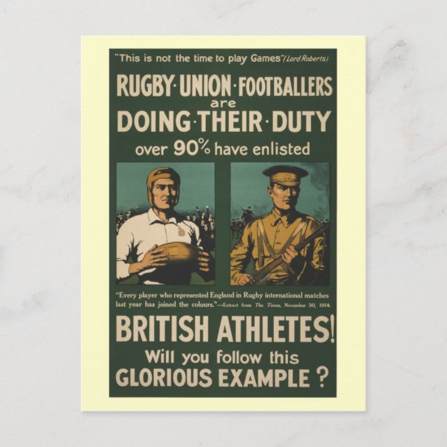 British rugby, football players call for duty postcard (Front)