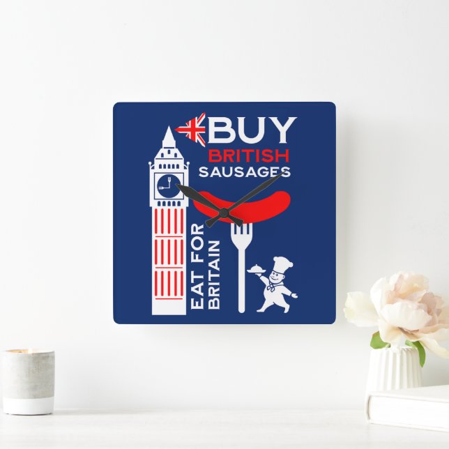 British Sausage And Mash Kitchen Square Wall Clock (Home)